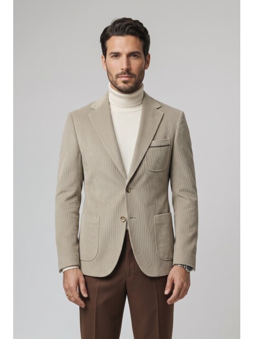 Bej Kadife Mono Yaka Slim Fit Ceket
