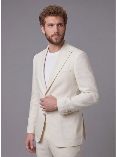 Bej Keten Sivri Yaka Comfort Fit Torba Cep 2 Düğme Takım Elbise