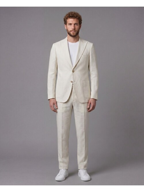 Bej Keten Sivri Yaka Comfort Fit Torba Cep 2 Düğme Takım Elbise