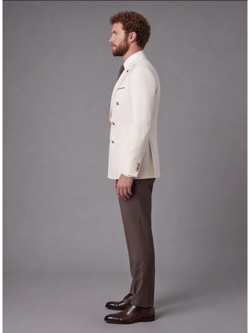 Beige Double-Breasted Jacket and Dark Brown Trousers Slim Fit Suit Combo
