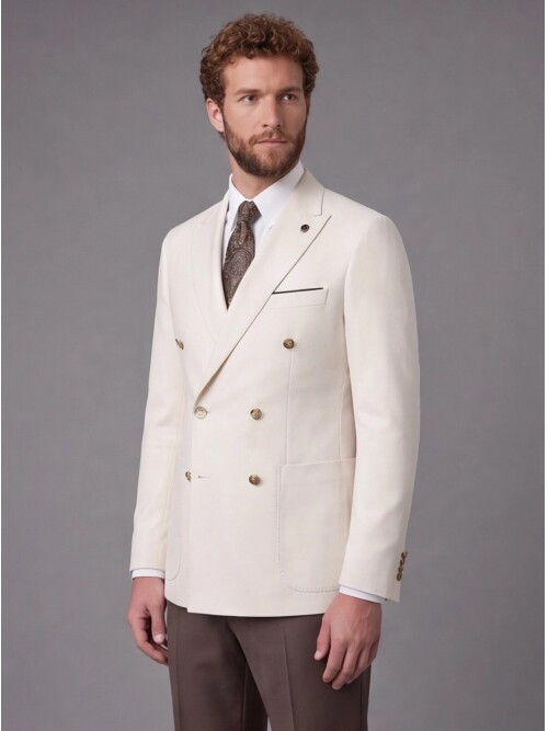 Beige Double-Breasted Jacket and Dark Brown Trousers Slim Fit Suit Combo
