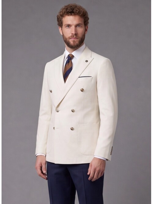 Beige Double-Breasted Jacket and Navy Blue Trousers Slim Fit Suit Combo