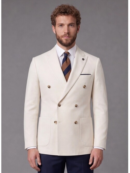 Beige Double-Breasted Jacket and Navy Blue Trousers Slim Fit Suit Combo