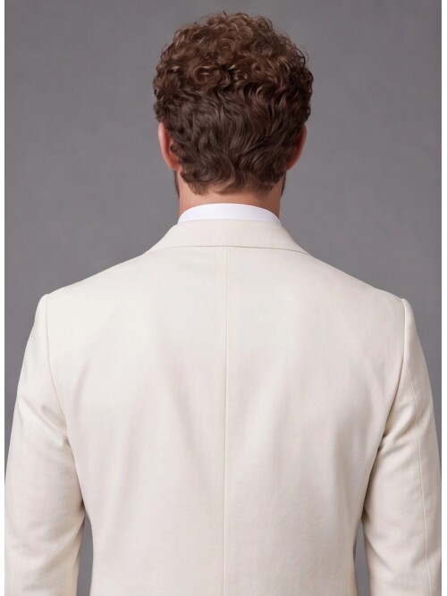 Beige Double-Breasted Jacket and Navy Blue Trousers Slim Fit Suit Combo