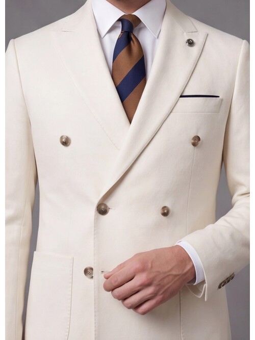 Beige Double-Breasted Jacket and Navy Blue Trousers Slim Fit Suit Combo