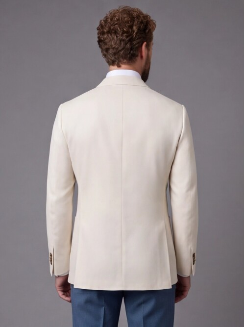 Beige Double-Breasted Jacket and Blue Trousers Slim Fit Suit