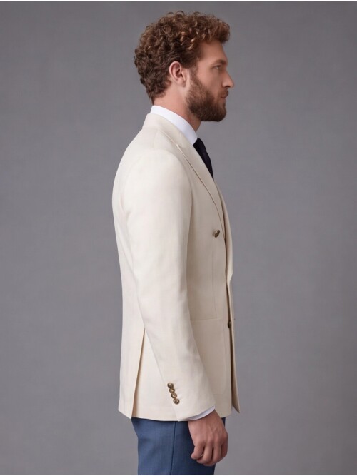 Beige Double-Breasted Jacket and Blue Trousers Slim Fit Suit