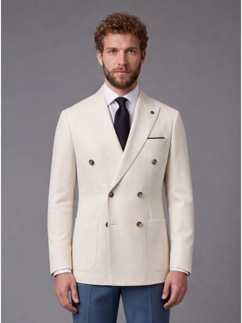 Beige Double-Breasted Jacket and Blue Trousers Slim Fit Suit