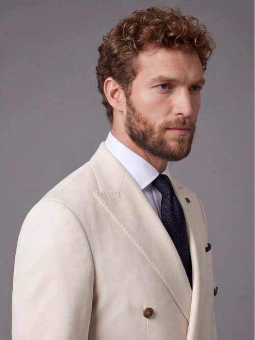 Beige Double-Breasted Jacket and Blue Trousers Slim Fit Suit