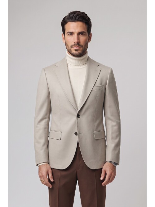 Bej Mono Yaka Comfort Fit Ceket