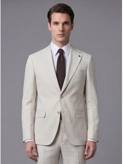 Bej Mono Yaka İki Düğmeli Slim Fit Takım Elbise