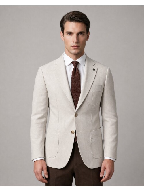Beige Notch Lapel Pleated Patch Pocket Blazer