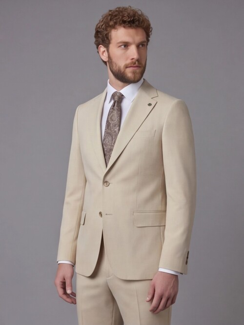 Beige Notch Lapel Slim Fit 2-Button Suit