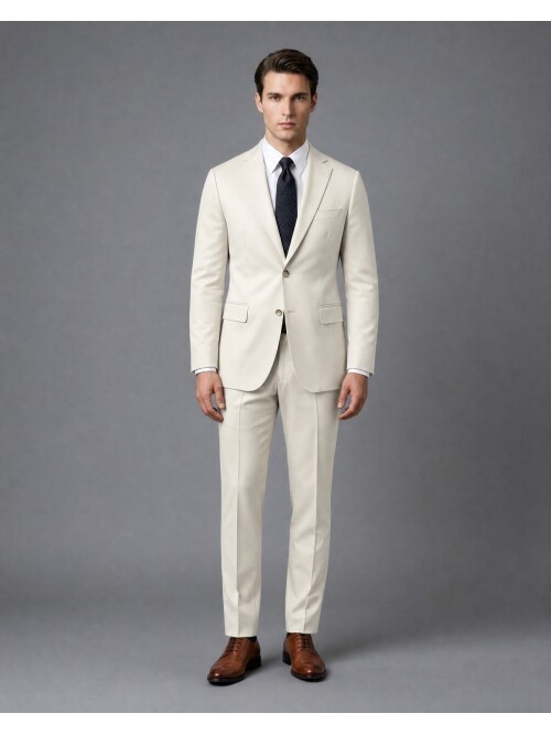 Bej Mono Yaka Slim Fit 2 Düğme Takım Elbise