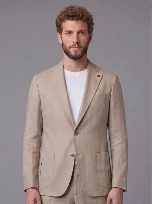 Bej Mono Yaka Slim Fit Torba Cep 2 Düğme Takım Elbise