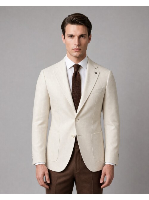 Beige Mono Collar Slim Fit Bag Pocket Jacket