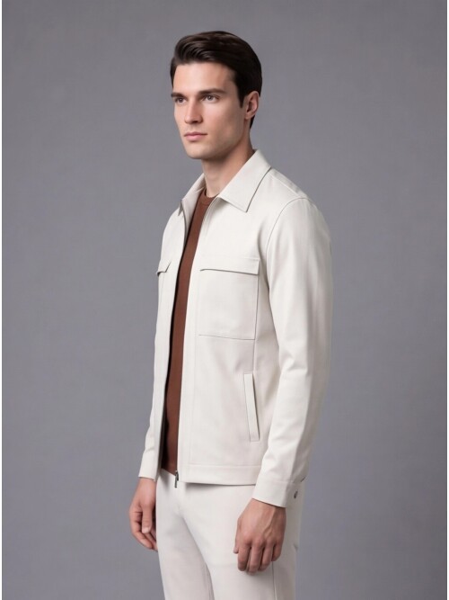 Beige Comfort Fit Zippered Safari Suit with Utility Pockets