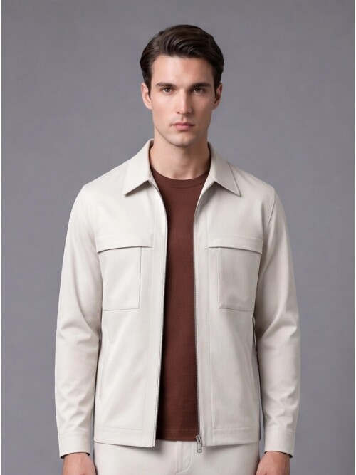 Beige Comfort Fit Zippered Safari Suit with Utility Pockets