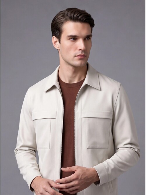 Beige Comfort Fit Zippered Safari Suit with Utility Pockets