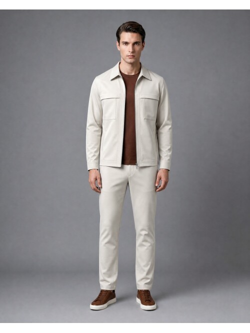 Beige Comfort Fit Zippered Safari Suit with Utility Pockets