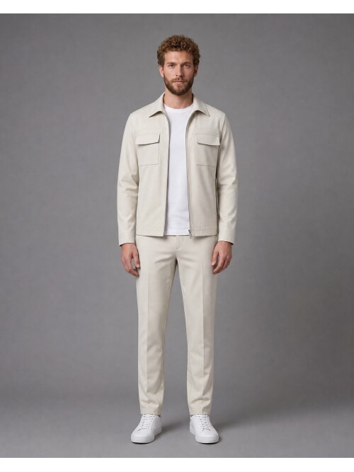 Beige Safari Pocket Zipper Comfort Fit Sport Suit