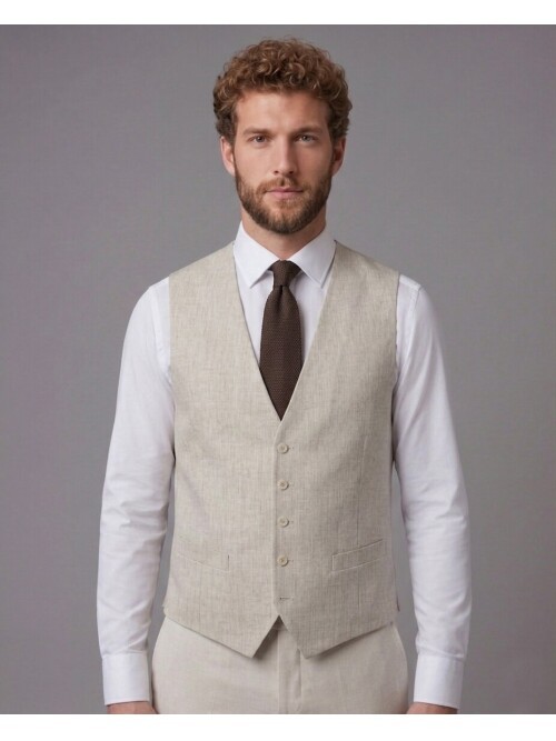 Bej Sivri Yaka Çift Düğmeli Slim Fit Yelekli Takım Elbise