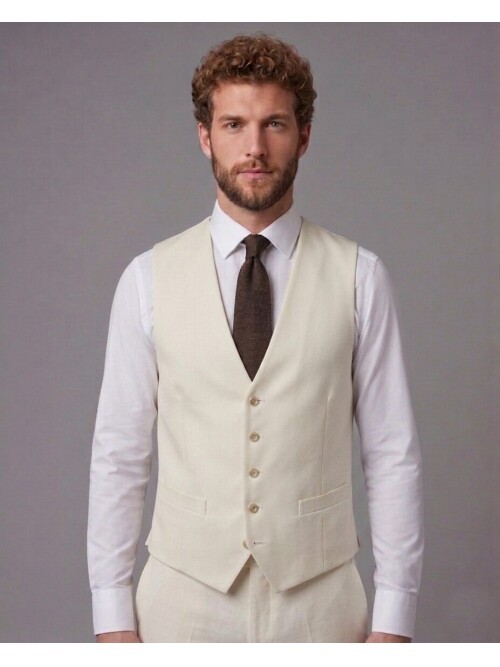 Bej Sivri Yaka Çift Düğmeli Slim Fit Yelekli Takım Elbise