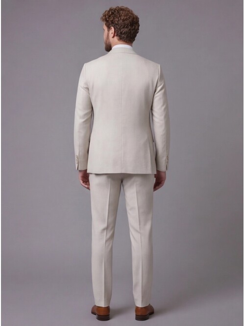 Bej Sivri Yaka Çift Düğmeli Slim Fit Yelekli Takım Elbise