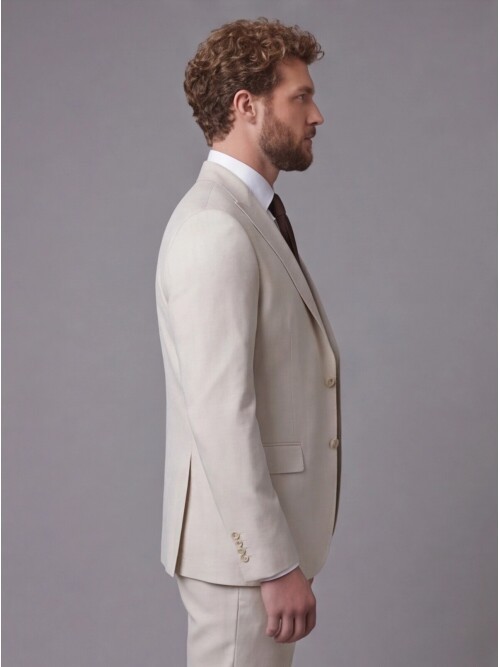 Bej Sivri Yaka Çift Düğmeli Slim Fit Yelekli Takım Elbise