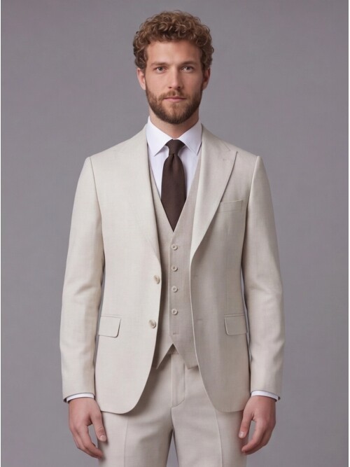 Bej Sivri Yaka Çift Düğmeli Slim Fit Yelekli Takım Elbise