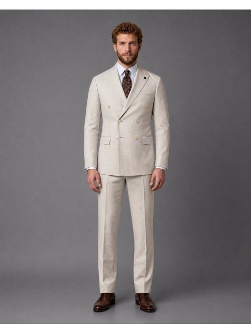 Beige Peak Lapel Double Breasted Suit