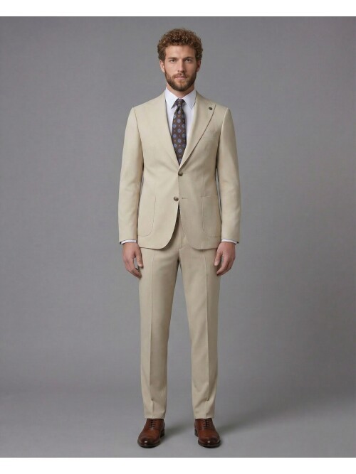 Beige Peak Lapel Slim Fit 2-Button Patch Pocket Suit