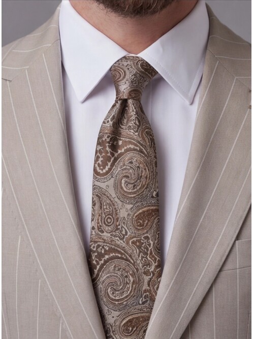 Bej Sivri Yaka Slim Fit Çizgili Takım Elbise