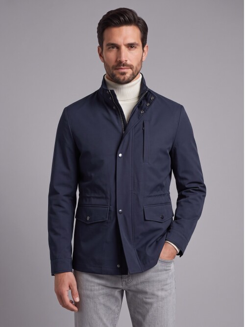 Erkek Lacivert Dik Yaka Comfort Fit Torba Cepli Mont