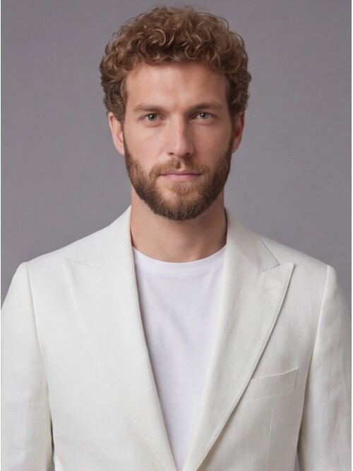 Açık Bej Keten Sivri Yaka Comfort Fit Torba Cep 2 Düğme Takım Elbise