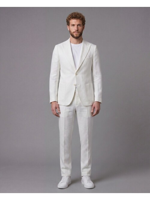 Açık Bej Keten Sivri Yaka Comfort Fit Torba Cep 2 Düğme Takım Elbise