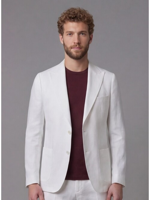 Beyaz Keten Sivri Yaka Comfort Fit Torba Cep 2 Düğme Takım Elbise