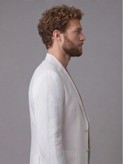 Beyaz Keten Sivri Yaka Comfort Fit Torba Cep 2 Düğme Takım Elbise