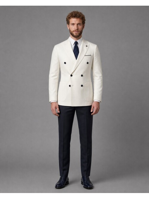 Beyaz Kruvaze Ceket Lacivert Pantolon Kombinli Slim Fit Takım Elbise