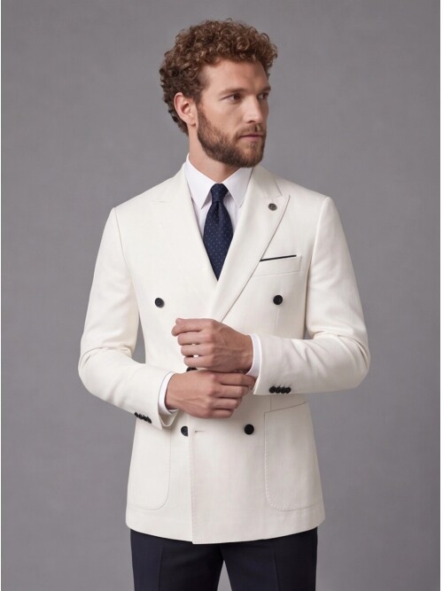 White Double-Breasted Jacket and Navy Blue Trousers Slim Fit Suit Combo