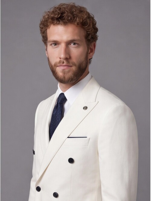 White Double-Breasted Jacket and Navy Blue Trousers Slim Fit Suit Combo