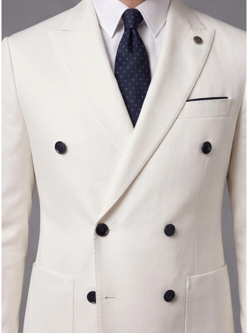 White Double-Breasted Jacket and Navy Blue Trousers Slim Fit Suit Combo