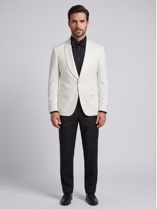 Beyaz Şal Yaka Slim Fit Damatlık