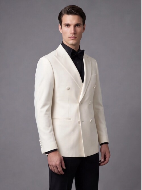 Beyaz Sivri Yaka Slim Fit 6 Düğme Kruvaze Damatlık