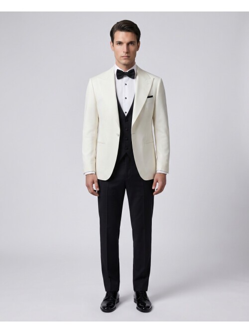 Beyaz Sivri Yaka Slim Fit Tek Düğmeli Damatlık