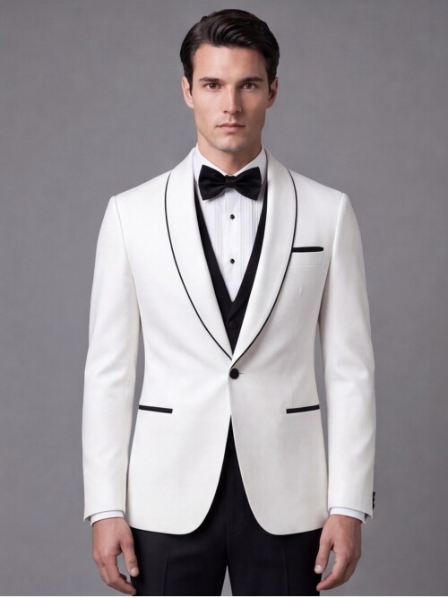 Beyaz Slim Fit Şal Yaka Tek Düğme Damatlık