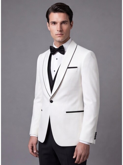 Beyaz Slim Fit Şal Yaka Tek Düğme Damatlık