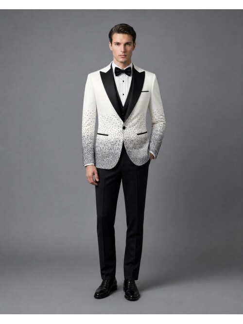White Single-Button Grooms Suit with Peak Lapel and Stone Embellishment
