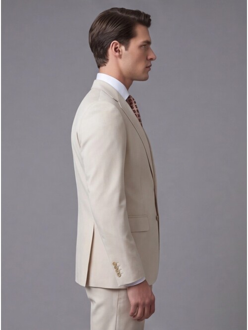 Beyaz Yünlü Mono Yaka Comfort Fit Takım Elbise