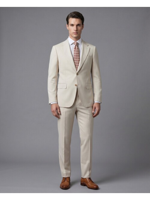 Beyaz Yünlü Mono Yaka Comfort Fit Takım Elbise